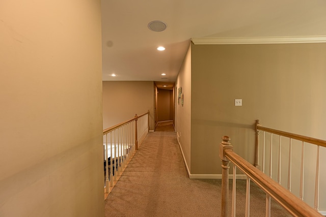 10223 Poston Oaks Cir, Collierville, TN 38017 - hallway with carpet flooring, an upstairs landing, recessed lighting, crown molding, and baseboards