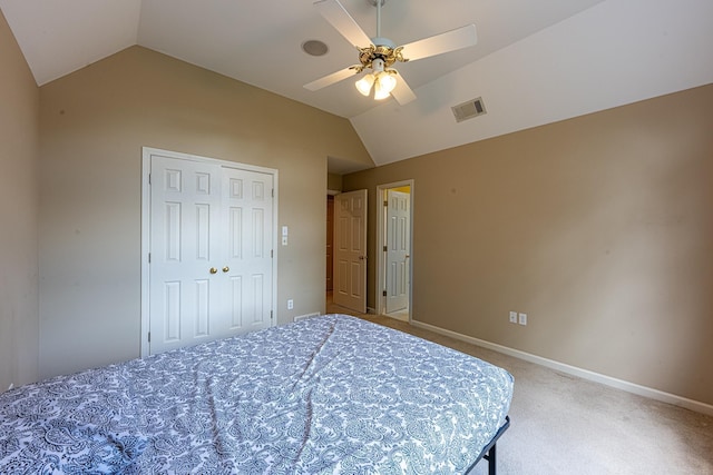 10223 Poston Oaks Cir, Collierville, TN 38017 - bedroom featuring lofted ceiling, light colored carpet, baseboards, a closet, and ceiling fan