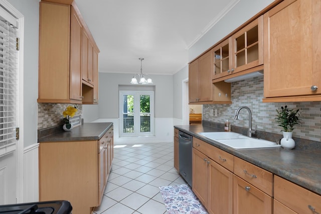 18 N Reese St, Memphis, TN 38111 - kitchen featuring a sink, dark countertops, crown molding, stainless steel dishwasher, and light tile patterned floors
