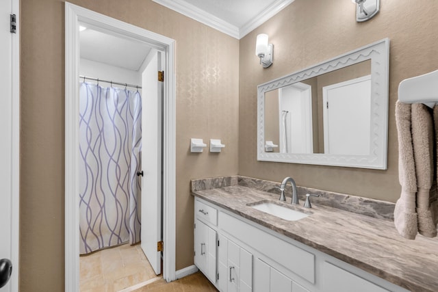 2349 Riverdale Rd, Germantown, TN 38138 - bathroom with vanity, crown molding, and a shower with shower curtain
