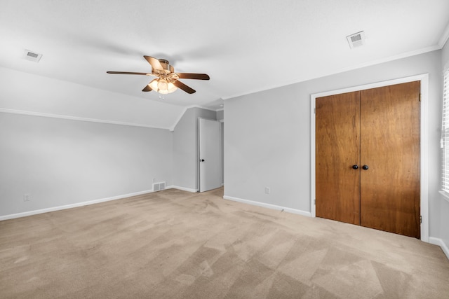 2349 Riverdale Rd, Germantown, TN 38138 - bonus room featuring a ceiling fan, light colored carpet, baseboards, and vaulted ceiling