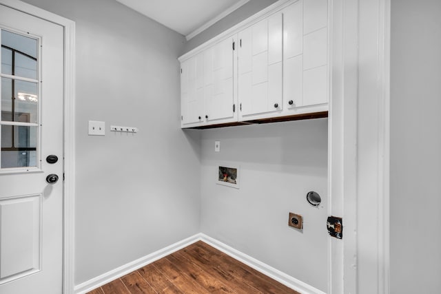 2349 Riverdale Rd, Germantown, TN 38138 - laundry room featuring cabinet space, electric dryer hookup, dark wood-style floors, baseboards, and hookup for a washing machine