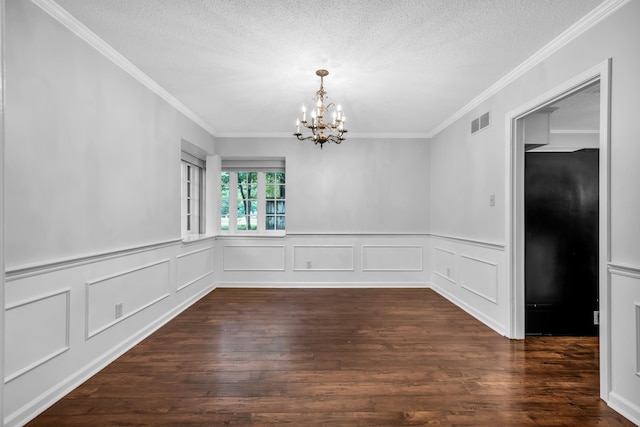 2349 Riverdale Rd, Germantown, TN 38138 - unfurnished dining area with a chandelier, dark wood-style flooring, ornamental molding, a textured ceiling, and wainscoting
