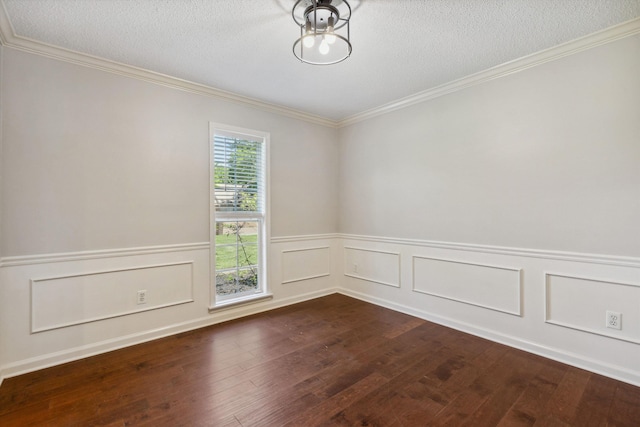 7617 Hollow Fork Rd, Germantown, TN 38138 - empty room with dark wood-style floors, ornamental molding, a wainscoted wall, and a textured ceiling