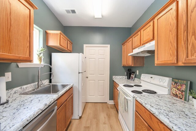 631 Peyton Cir, Memphis, TN 38107 - kitchen with white appliances, under cabinet range hood, a sink, and light wood-type flooring