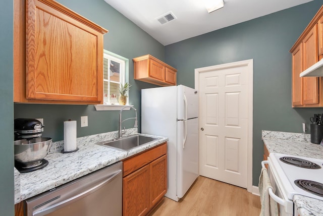 631 Peyton Cir, Memphis, TN 38107 - kitchen featuring white appliances, a sink, light wood-style floors, and light stone counters
