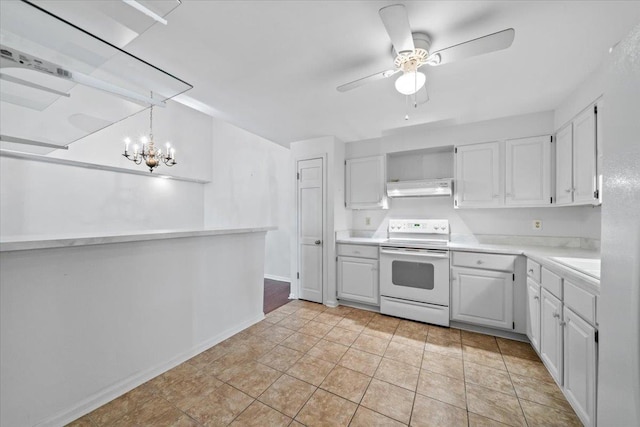 8174 Ravenhill Dr Unit 54, Germantown, TN 38138 - kitchen featuring white range with electric stovetop, under cabinet range hood, open shelves, ceiling fan, and white cabinets