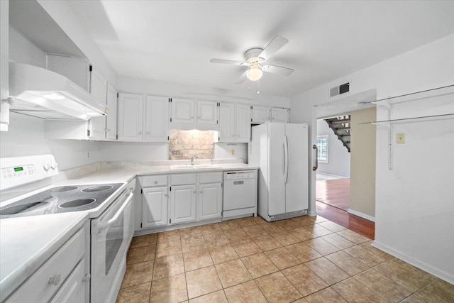 8174 Ravenhill Dr Unit 54, Germantown, TN 38138 - kitchen featuring white appliances, under cabinet range hood, a sink, a ceiling fan, and white cabinets