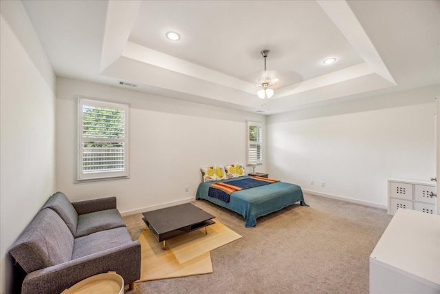 1668 Jennings Mill Ln, Collierville, TN 38017 - bedroom featuring a tray ceiling, recessed lighting, carpet flooring, and baseboards