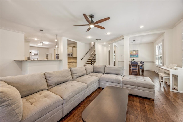 1668 Jennings Mill Ln, Collierville, TN 38017 - living room featuring a ceiling fan, plenty of natural light, dark wood finished floors, crown molding, and recessed lighting