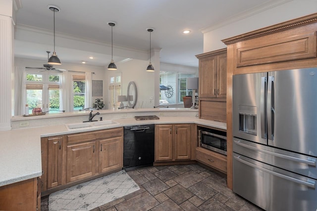 1245 Auburn Woods Dr, Collierville, TN 38017 - kitchen with stainless steel appliances, a sink, light countertops, ornamental molding, and brown cabinets
