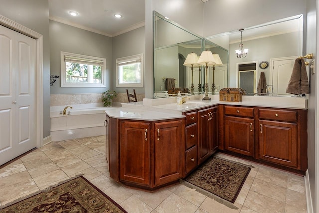 1245 Auburn Woods Dr, Collierville, TN 38017 - bathroom with crown molding, a garden tub, vanity, a chandelier, and tile patterned flooring