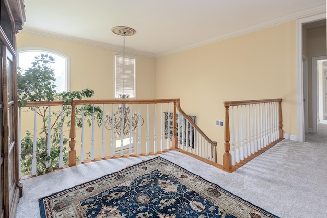 1245 Auburn Woods Dr, Collierville, TN 38017 - hallway with carpet floors, ornamental molding, baseboards, and an upstairs landing