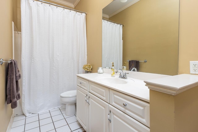 1245 Auburn Woods Dr, Collierville, TN 38017 - bathroom featuring toilet, crown molding, tile patterned flooring, vanity, and curtained shower