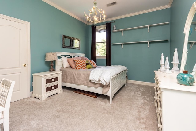 1245 Auburn Woods Dr, Collierville, TN 38017 - bedroom with light colored carpet, a chandelier, crown molding, and baseboards