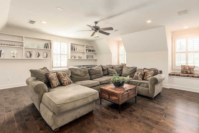 1245 Auburn Woods Dr, Collierville, TN 38017 - living room featuring vaulted ceiling, dark wood-type flooring, a ceiling fan, baseboards, and recessed lighting