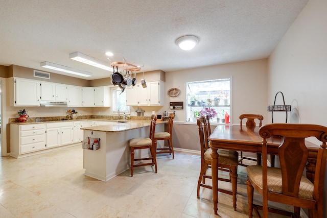 167 Ericson Rd, Memphis, TN 38018 - kitchen featuring a peninsula, white cabinets, baseboards, a kitchen bar, and under cabinet range hood