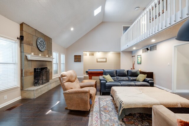 167 Ericson Rd, Memphis, TN 38018 - living area featuring billiards, baseboards, dark wood-style flooring, high vaulted ceiling, and a fireplace