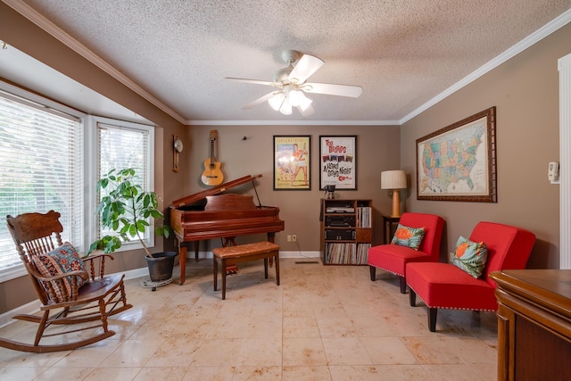 167 Ericson Rd, Memphis, TN 38018 - sitting room with crown molding, a ceiling fan, a textured ceiling, and baseboards