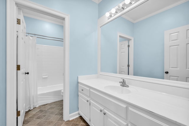 99 Red Acres Pl, Memphis, TN 38111 - bathroom featuring vanity, toilet, shower / bath combo with shower curtain, ornamental molding, and baseboards