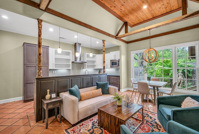99 Red Acres Pl, Memphis, TN 38111 - living room featuring recessed lighting, baseboards, a chandelier, wood ceiling, and light tile patterned floors
