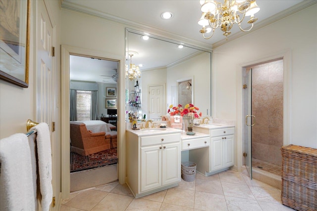 5239 Hedgewyck Ct, Memphis, TN 38117 - full bathroom with connected bathroom, crown molding, double vanity, recessed lighting, and a stall shower