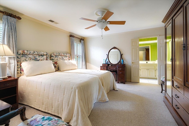 5239 Hedgewyck Ct, Memphis, TN 38117 - bedroom with light carpet, crown molding, a ceiling fan, and connected bathroom