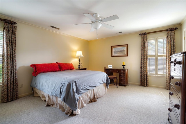 5239 Hedgewyck Ct, Memphis, TN 38117 - bedroom with ornamental molding, light colored carpet, baseboards, and ceiling fan