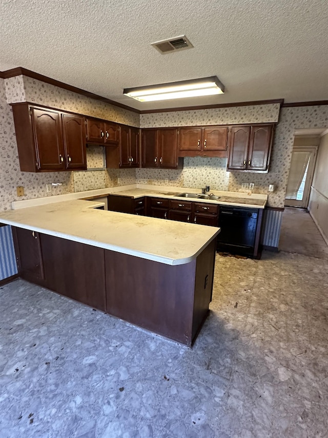 4378 Donnegan Cv, Memphis, TN 38125 - kitchen featuring dishwasher, crown molding, a textured ceiling, a peninsula, and dark brown cabinets