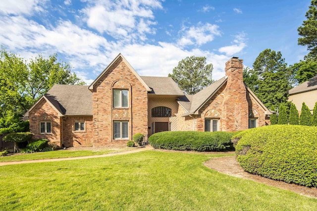 8621 Ravencliff Cv, Germantown, TN 38138 - traditional home with brick siding, a front yard, roof with shingles, and a chimney