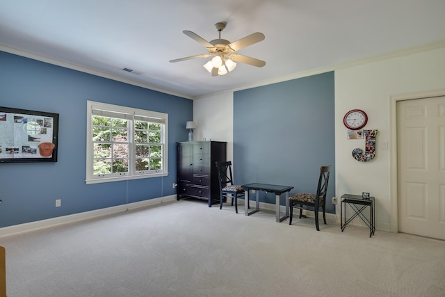 7726 Chapel Creek Pkwy N, Memphis, TN 38016 - sitting room featuring carpet floors, a ceiling fan, crown molding, and baseboards