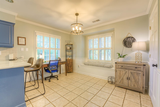 7352 Magnolia Ridge Dr, Germantown, TN 38138 - office featuring plenty of natural light, crown molding, a chandelier, light tile patterned floors, and a wainscoted wall