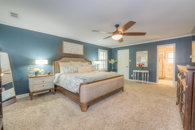 7352 Magnolia Ridge Dr, Germantown, TN 38138 - bedroom with baseboards, ornamental molding, carpet, a ceiling fan, and connected bathroom