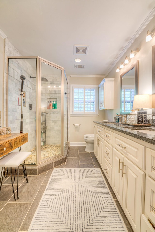 7352 Magnolia Ridge Dr, Germantown, TN 38138 - bathroom with vanity, a stall shower, toilet, and ornamental molding