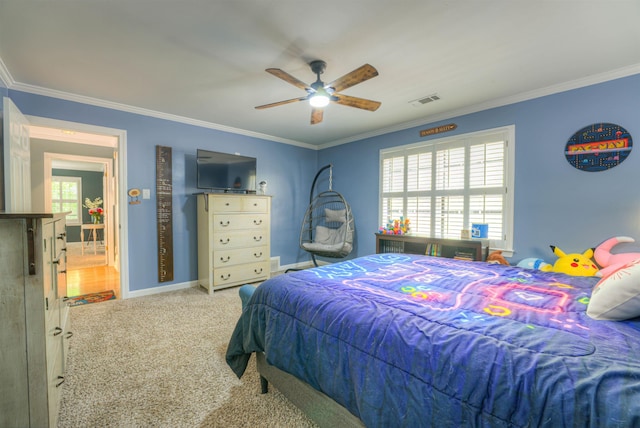 7352 Magnolia Ridge Dr, Germantown, TN 38138 - bedroom featuring carpet floors, ornamental molding, a ceiling fan, and baseboards