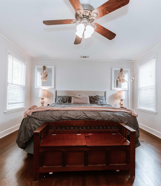 470 N Highland St, Memphis, TN 38122 - bedroom with crown molding, wood finished floors, baseboards, and ceiling fan