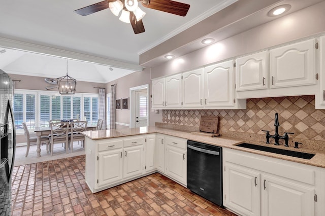8955 Clair Douwie Cv, Bartlett, TN 38133 - kitchen featuring black appliances, a peninsula, crown molding, a sink, and decorative backsplash
