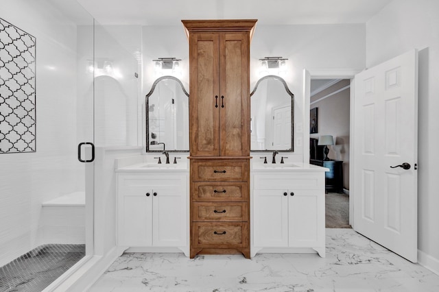 8955 Clair Douwie Cv, Bartlett, TN 38133 - full bathroom featuring marble look tile flooring, a stall shower, and two vanities