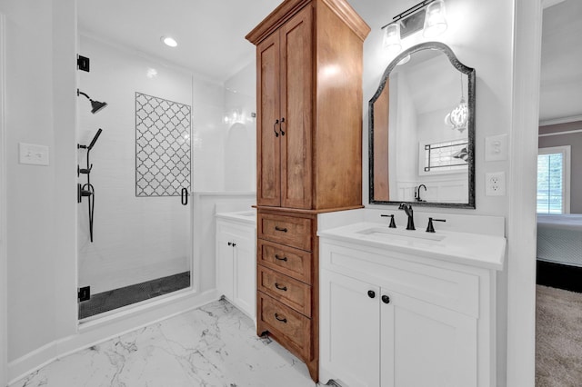 8955 Clair Douwie Cv, Bartlett, TN 38133 - full bath featuring a stall shower, vanity, marble finish flooring, and recessed lighting