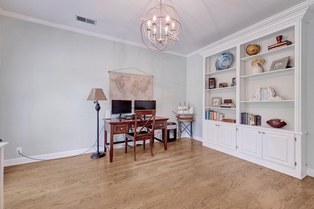 8955 Clair Douwie Cv, Bartlett, TN 38133 - office with a chandelier, light wood-style floors, baseboards, built in features, and ornamental molding
