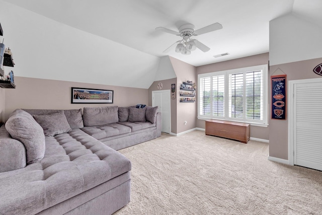 8955 Clair Douwie Cv, Bartlett, TN 38133 - living room with lofted ceiling, baseboards, carpet floors, and a ceiling fan