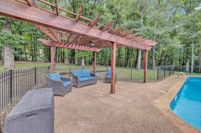 8955 Clair Douwie Cv, Bartlett, TN 38133 - view of patio featuring a pergola, ceiling fan, outdoor lounge area, and view of wooded area
