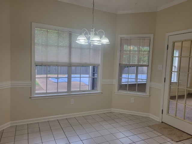 3659 Stonetrace Cir, Bartlett, TN 38135 - unfurnished dining area with a chandelier, light tile patterned floors, ornamental molding, and baseboards