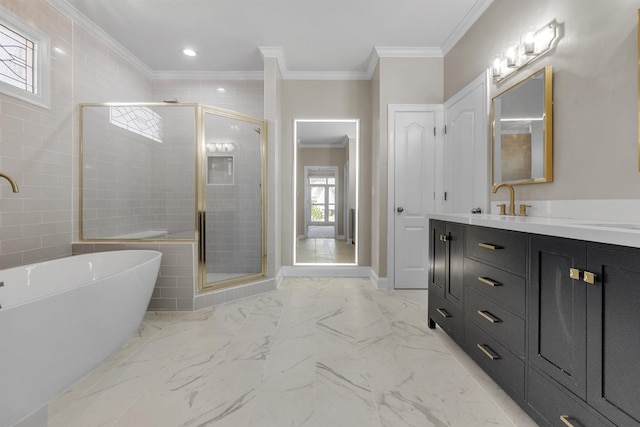 8917 River Sound Dr, Cordova, TN 38016 - bathroom featuring a freestanding tub, vanity, a stall shower, ornamental molding, and marble finish floors