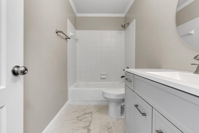 8917 River Sound Dr, Cordova, TN 38016 - bathroom with crown molding, vanity, washtub / shower combination, marble look tile flooring, and toilet
