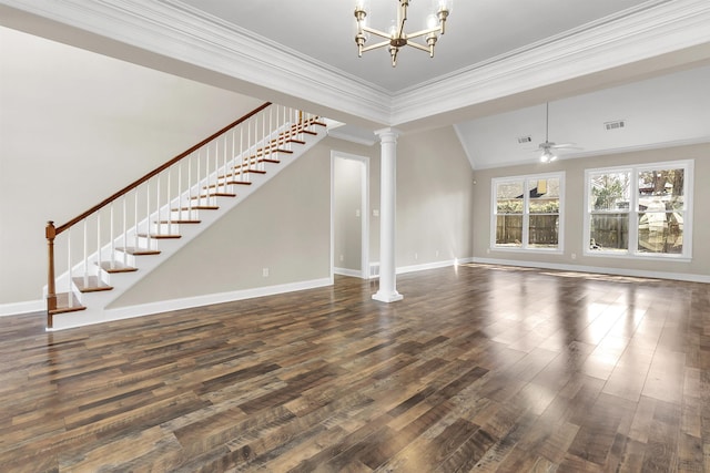 8917 River Sound Dr, Cordova, TN 38016 - unfurnished living room featuring wood finished floors, decorative columns, baseboards, a chandelier, and stairs