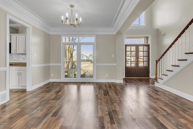 8917 River Sound Dr, Cordova, TN 38016 - entryway featuring a chandelier, dark wood-style floors, stairs, french doors, and crown molding