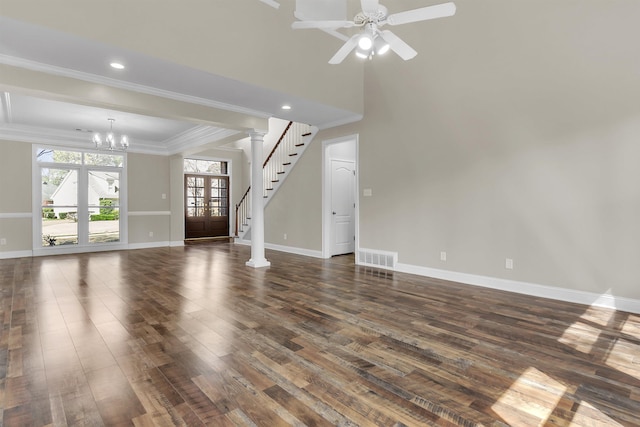 8917 River Sound Dr, Cordova, TN 38016 - unfurnished living room with ornamental molding, dark wood-style flooring, a chandelier, stairway, and baseboards