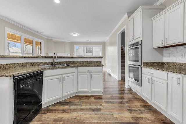 8917 River Sound Dr, Cordova, TN 38016 - kitchen featuring black dishwasher, a sink, stainless steel double oven, crown molding, and white cabinets