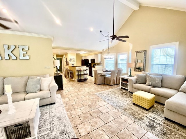 29 Frank Fwy, Iuka, MS 38852 - living area featuring a ceiling fan, beamed ceiling, crown molding, high vaulted ceiling, and light tile patterned floors